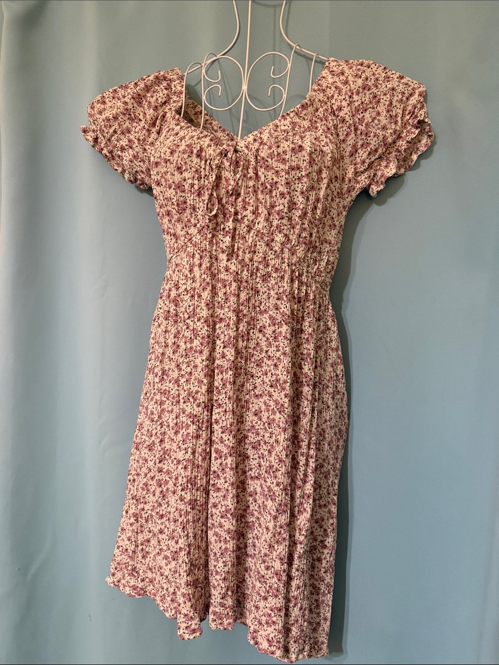 Smocked Floral Midi Dress with Tie Front - Pink